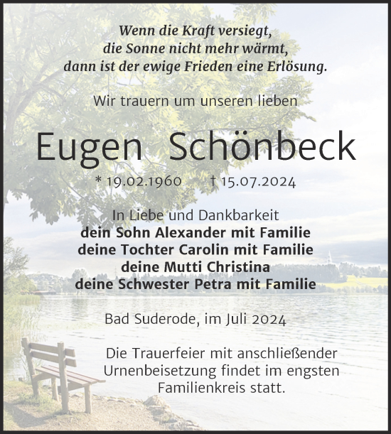 Traueranzeige von Eugen Schönbeck von Trauerkombi Quedlinburg