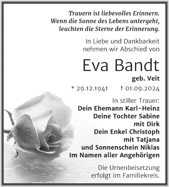 Traueranzeige von Eva Bandt von SuperSonntag Bitterfeld