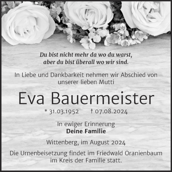 Traueranzeige von Eva Bauermeister von Trauerkombi Wittenberg