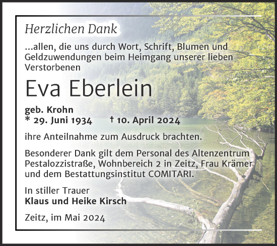 Traueranzeige von Eva Eberlein von Trauerkombi Zeitz