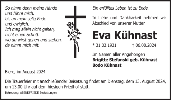 Traueranzeige von Eva Kühnast von Volksstimme Schönebeck