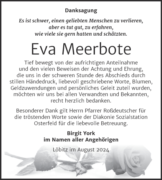 Traueranzeige von Eva Meerbote von Super Sonntag Naumburg/Nebra