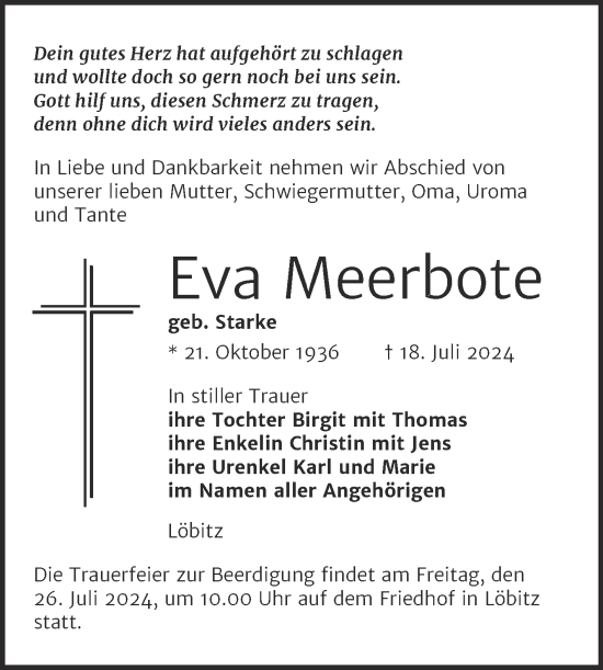 Traueranzeige von Eva Meerbote von Naumburger Tageblatt