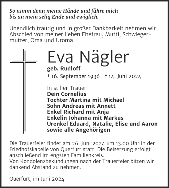 Traueranzeige von Eva Nägler von Trauerkombi Merseburg