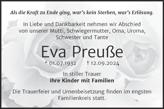 Traueranzeige von Eva Preuße von Trauerkombi Bernburg