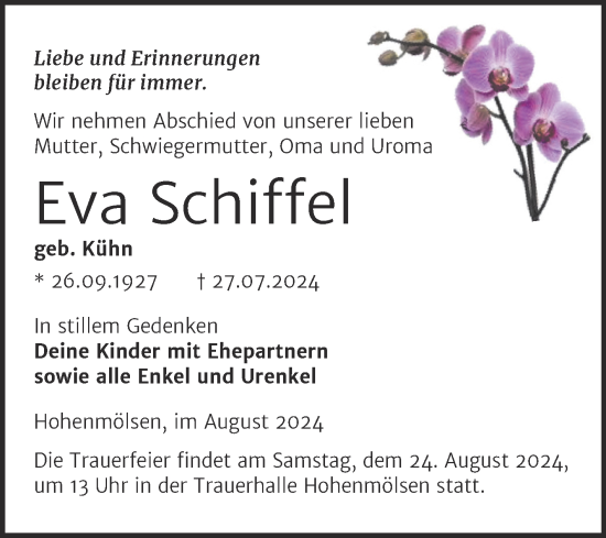 Traueranzeige von Eva Schiffel von Trauerkombi Weißenfels