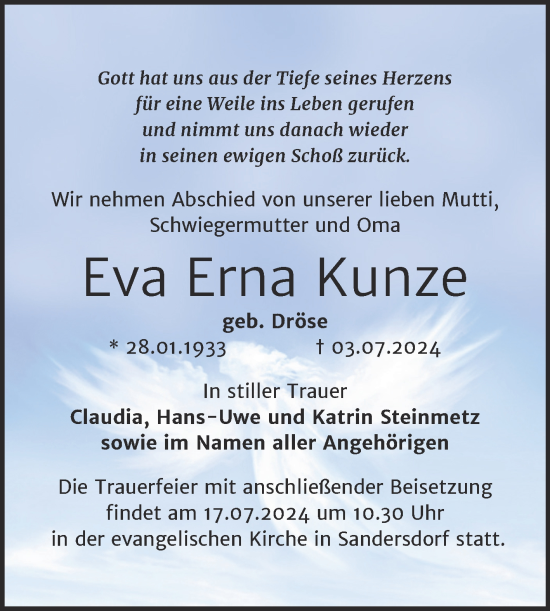 Traueranzeige von Eva Erna Kunze von Trauerkombi Bitterfeld
