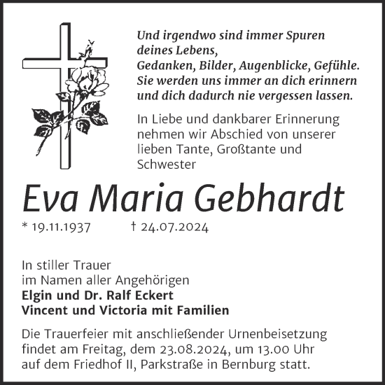 Traueranzeige von Eva Maria Gebhardt von Trauerkombi Bernburg
