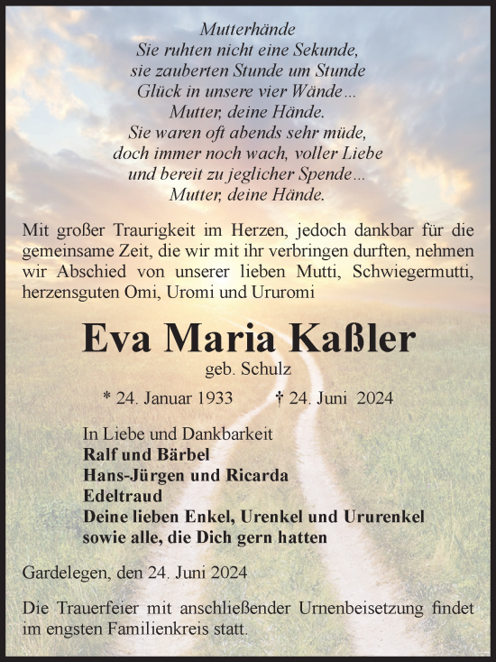 Traueranzeige von Eva Maria Kaßler von Volksstimme Altmark West