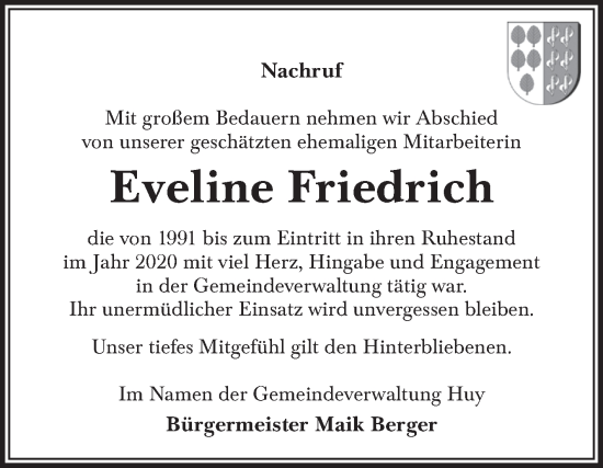 Traueranzeige von Eveline Friedrich von Volksstimme Halberstadt