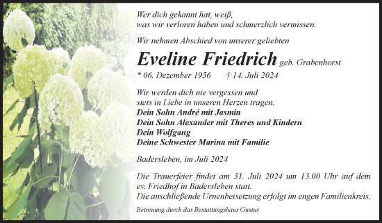 Traueranzeige von Eveline Friedrich von Volksstimme Halberstadt