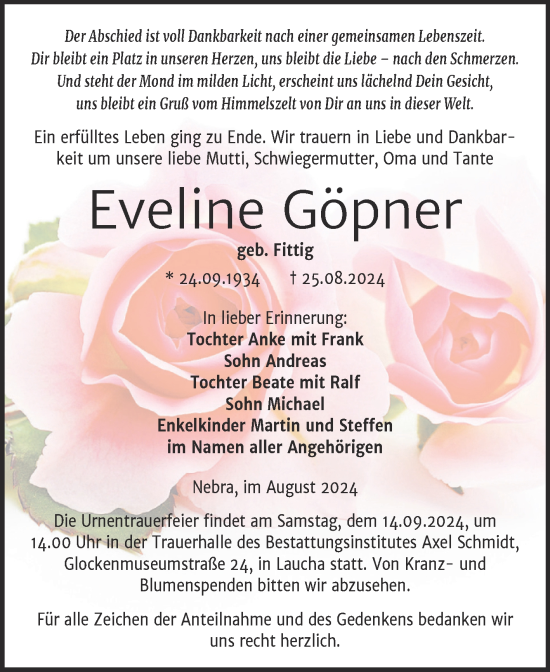 Traueranzeige von Eveline Göpner von Super Sonntag Naumburg/Nebra