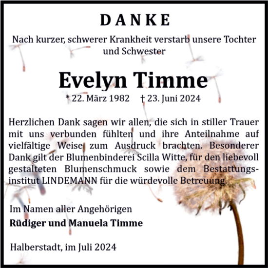 Traueranzeige von Evelyn Timme von Volksstimme Halberstadt