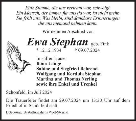 Traueranzeige von Ewa Stephan von Volksstimme Altmark Ost