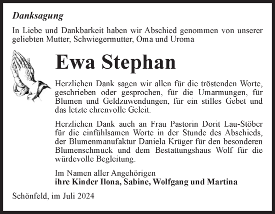 Traueranzeige von Ewa Stephan von Volksstimme Altmark Ost