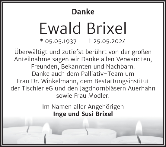 Traueranzeige von Ewald Brixel von Super Sonntag Wittenberg