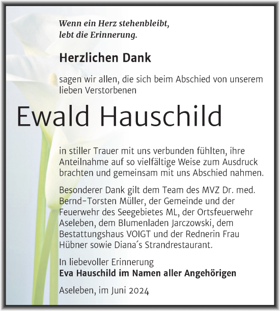 Traueranzeige von Ewald Hauschild von Trauerkombi Mansfelder Land
