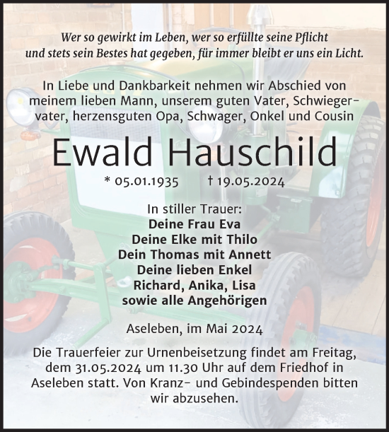 Traueranzeige von Ewald Hauschild von Mitteldeutsche Zeitung Mansfelder Land
