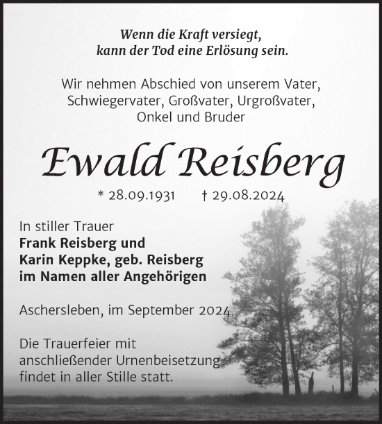 Traueranzeige von Ewald Reisberg von Trauerkombi Aschersleben