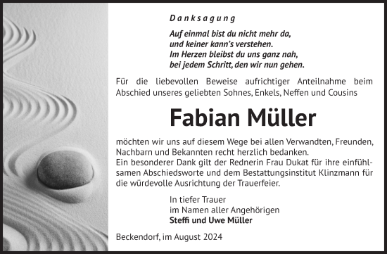 Traueranzeige von Fabian Müller von Volksstimme Oschersleben/Wanzleben