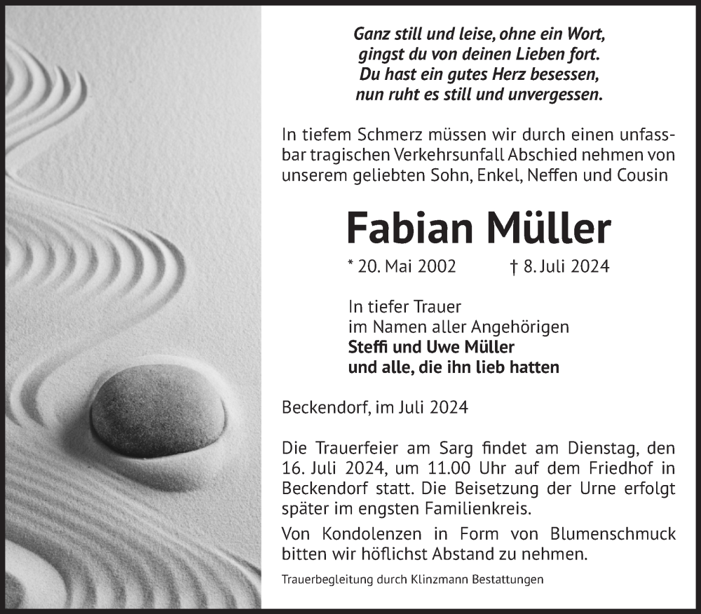  Traueranzeige für Fabian Müller vom 13.07.2024 aus Volksstimme Oschersleben/Wanzleben