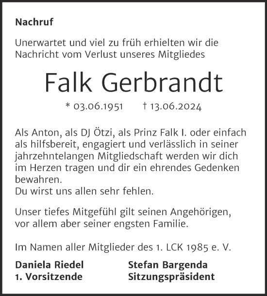 Traueranzeige von Falk Gerbrandt von Trauerkombi Weißenfels