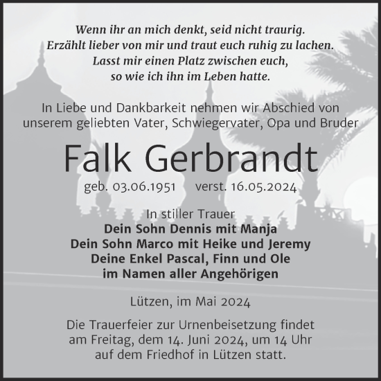 Traueranzeige von Falk Gerbrandt von Trauerkombi Weißenfels