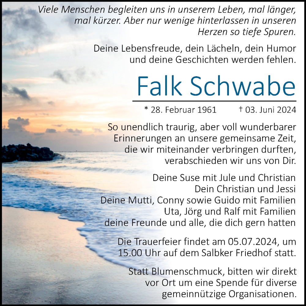  Traueranzeige für Falk Schwabe vom 22.06.2024 aus Volksstimme Magdeburg