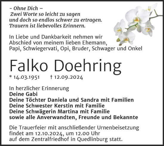 Traueranzeige von Falko Doehring von Trauerkombi Quedlinburg