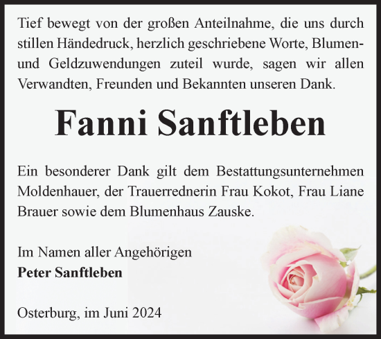 Traueranzeige von Fanni Sanftleben von Volksstimme Altmark Ost