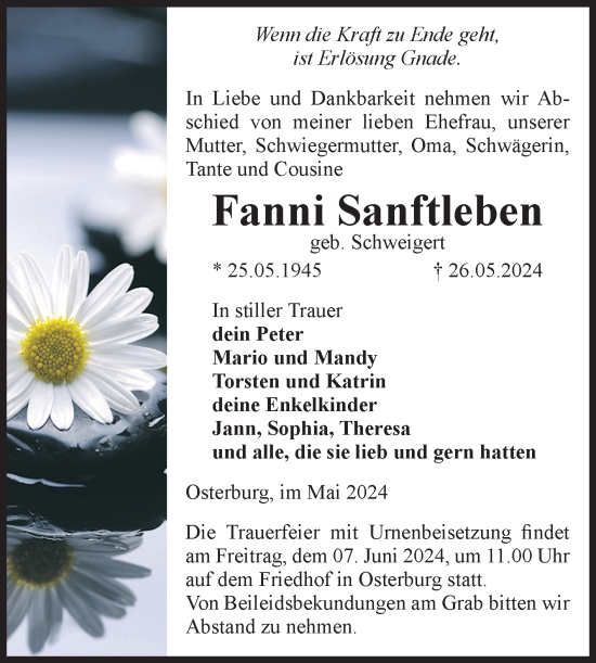 Traueranzeige von Fanni Sanftleben von Volksstimme Altmark Ost
