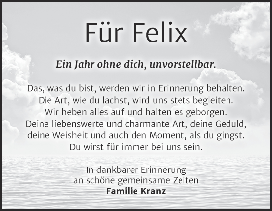 Traueranzeige von Felix  von Trauerkombi Wittenberg