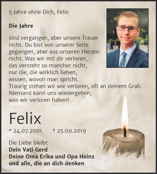 Traueranzeige von Felix Semmner von Trauerkombi Wittenberg