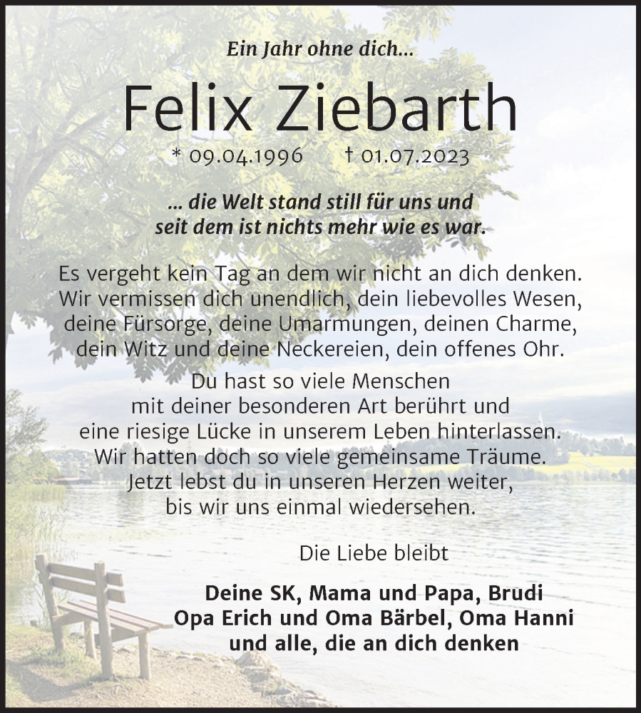  Traueranzeige für Felix Ziebarth vom 29.06.2024 aus Trauerkombi Wittenberg