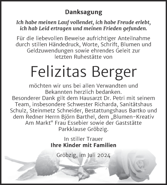 Traueranzeige von Felizitas Berger von Trauerkombi Köthen