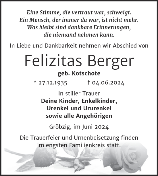 Traueranzeige von Felizitas Berger von Trauerkombi Köthen