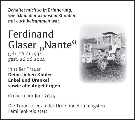 Traueranzeige von Ferdinand Glaser von Trauerkombi Bitterfeld