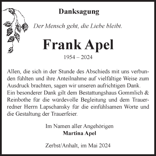 Traueranzeige von Frank Apel von Volksstimme Zerbst