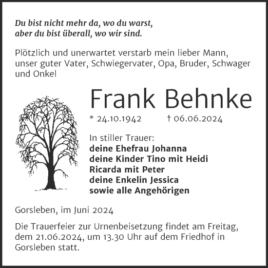 Traueranzeige von Frank Behnke von Mitteldeutsche Zeitung Halle/Saalkreis