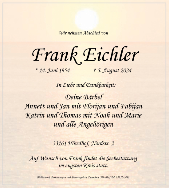 Traueranzeige von Frank Eichler von Super Sonntag Bernburg