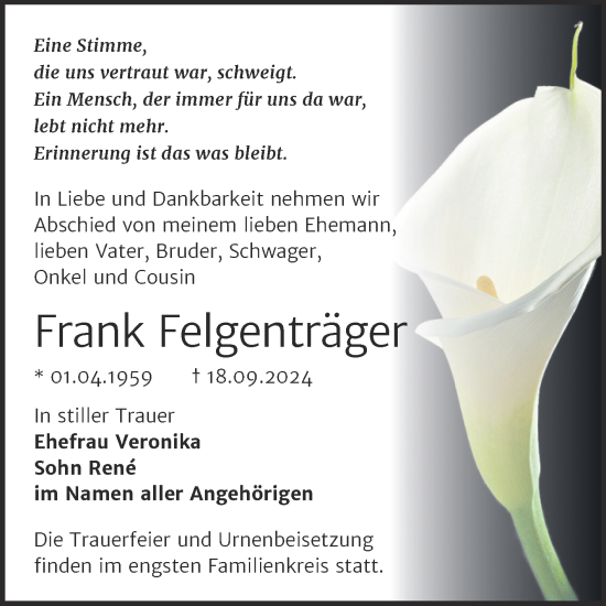Traueranzeige von Frank Felgenträger von Trauerkombi Köthen