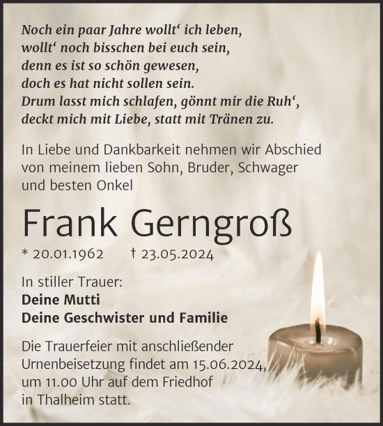 Traueranzeige von Frank Gerngroß von Trauerkombi Bitterfeld