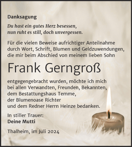 Traueranzeige von Frank Gerngroß von Trauerkombi Bitterfeld