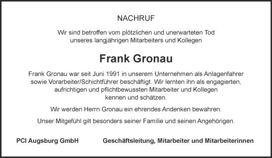 Traueranzeige von Frank Gronau von Super Sonntag Wittenberg