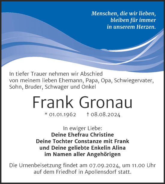 Traueranzeige von Frank Gronau von Trauerkombi Wittenberg