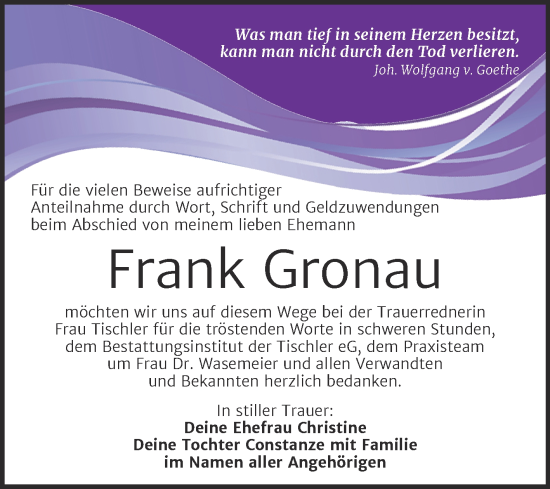 Traueranzeige von Frank Gronau von Trauerkombi Wittenberg