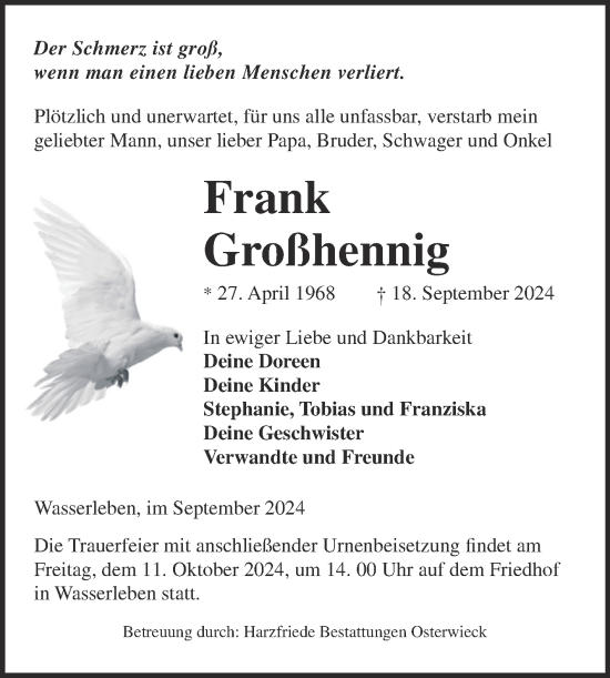 Traueranzeige von Frank Großhennig von Volksstimme Wernigerode