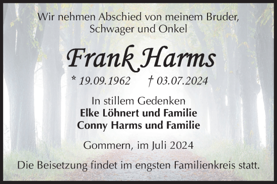 Traueranzeige von Frank Harms von Volksstimme Burg/Genthin