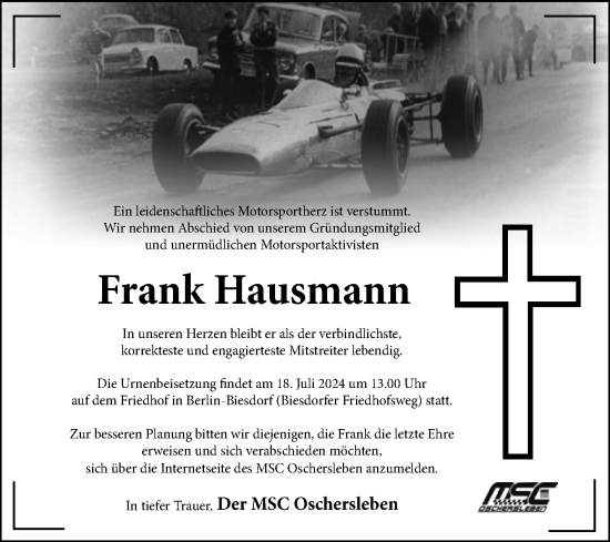 Traueranzeige von Frank Hausmann von Volksstimme Oschersleben/Wanzleben