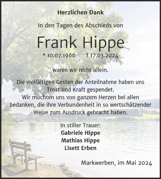 Traueranzeige von Frank Hippe von Trauerkombi Weißenfels